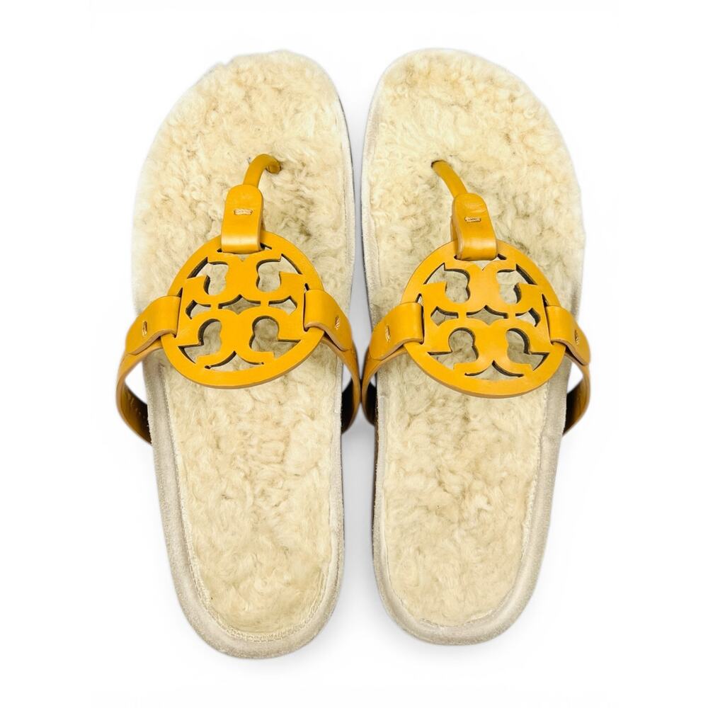 Tory Burch Miller Cloud Shearling Sandal Ochre Leather Thong Size 8 Box & Bag